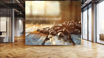 Roasted coffee beans on a rustic wooden table, morning sunlight casting soft shadows. The warm, inviting setting emphasizes quality and natural origin Wall mural