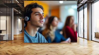 Student with hearing aid actively participating in lecture, inclusive learning, education and technology. Wall mural