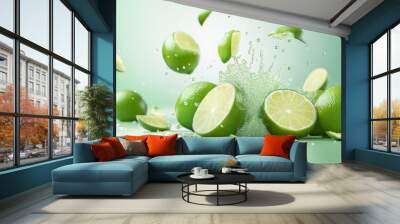 Vibrant 3D illustration of fresh limes showcasing their zest and juice in a bright and appealing composition Wall mural