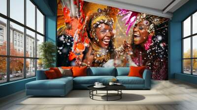 Dancer, celebration and carnival for culture, event or street festival as parade or entertainment in Brazil. Female people, fashion and laugh for freedom, energy or art as tradition in Rio de janeiro Wall mural