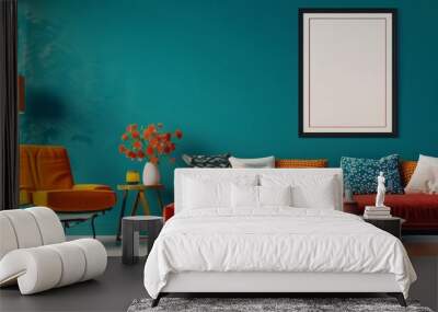 A cozy and modern living room with a teal wall, a colorful sofa, a trendy chair, and a blank poster frame Wall mural