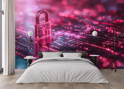 Abstract image of a lock on a technology interface, showcasing cybersecurity and data safety Wall mural