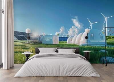 Canon EOS R5 highres realistic image of H2 white gas tanks clipped to solar panels and wind turbines on green grass, blue sky Wall mural