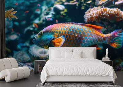 Colorful Parrotfish Feeding on Vibrant Coral Reef in Tropical Waters Wall mural