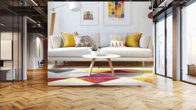 Cozy and bright living room with white wall and colorful rug Wall mural