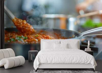 Culinary Delight: Chef Cooking Homemade Red Sauce in a Stainless Steel Saucepan Wall mural