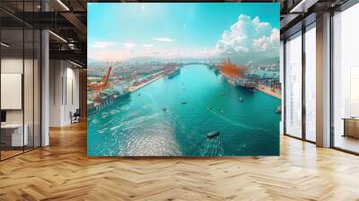 Dynamic Aerial Shot of Industrial Harbor with Cargo Ships, Cranes, and Containers in 8K UHD Quality under Bright Blue Sky Wall mural