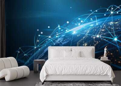 Earth with illuminated connection lines on a digital data background, showcasing global network and internet technology communication in realism Wall mural