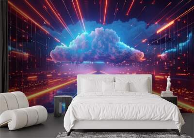 Futuristic 3D Hologram Displaying Interactive Cloud Storage Data Wall mural