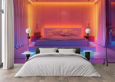 Futuristic bedroom with neon light strips creating a minimalistic luxury ambiance Wall mural