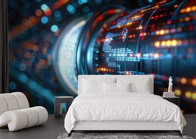 Illuminated Digital Tunnel with Glowing Binary Code Streaming Through - Concept of Data Transfer and Technology Wall mural