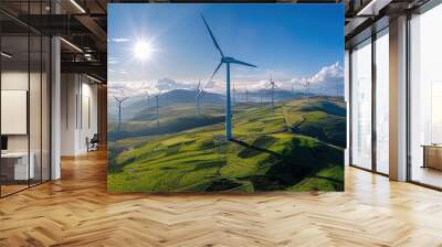 Majestic Wind Farm Landscape - Aerial View of Turbines on Rolling Hills under Blue Sky in 8k UHD Quality Wall mural