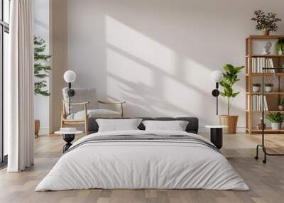 Modern living room featuring a white wall mockup, wooden floor, minimalist decor, bookshelf, armchair, and window Wall mural