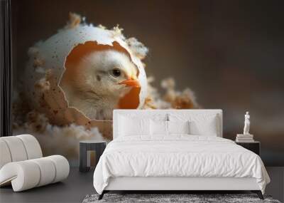 New Life Emerging: Adorable Chick Hatching from Egg in Heartwarming Moment of Birth Wall mural