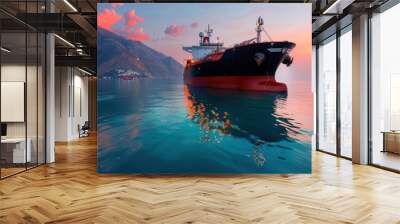 Oil Tanker Docked at Sunset in Calm Waters Wall mural