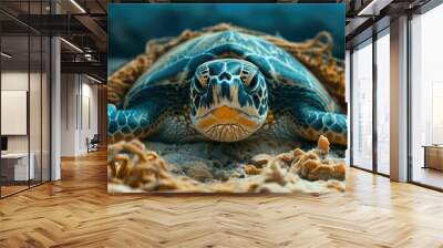 Plight of the Sea Turtle: Struggling with Plastic Pollution on a Sandy Shoreline Wall mural