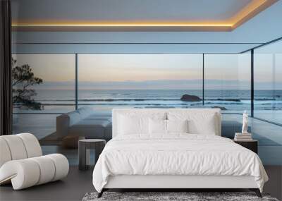 Serene Beachfront Minimalist Living Room with Ocean View | Modern White Walls, Sleek Furniture 3D Render in 8K Quality Wall mural