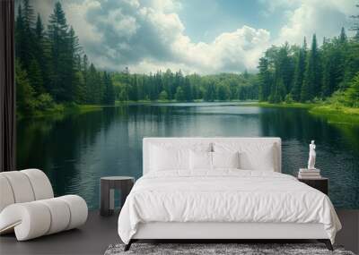 Serene Tranquility - Stunning 8k UHD Shot of a Peaceful Lake Encircled by Lush Forest Greenery Wall mural