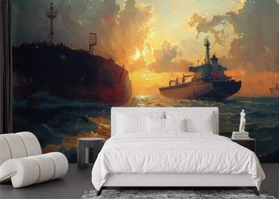 Tanker Vessel Refueling at Sea During Sunset Wall mural