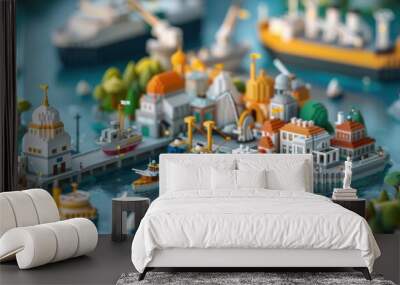 Vibrant 3D Illustration of a Dynamic Port City with Ships, Docks, and Energetic Workers Engaged in Various Activities Wall mural