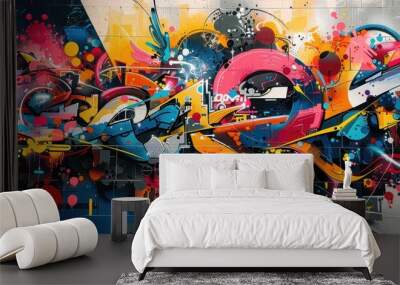 Vibrant graffiti letters and characters on a large wall, highresolution details and bold colors, perfect for modern designs Wall mural