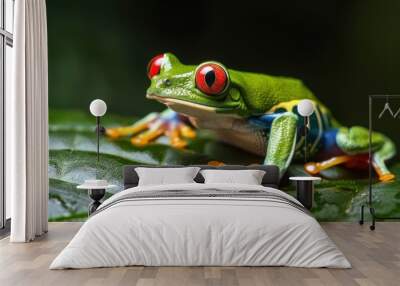 Vibrant Red-Eyed Tree Frog Perched on Leaf in Amazon Jungle Setting Wall mural