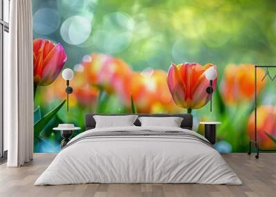 Vibrant Tulips Blooming in Lush Green Landscape Wall mural