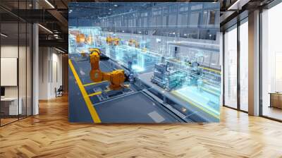 A digital twin of an automotive assembly line with virtual representations of robots and production stages. The display, Generative AI Wall mural