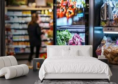 A retail store integrating digital transformation with smart shelves and customer data analytics. Customers interact with digital kiosks and AR displays, Generative AI Wall mural