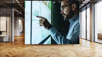 AI-generated insights displayed on a sleek digital screen. A business analyst is pointing out significant trends, Generative AI Wall mural