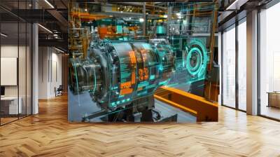 An industrial facility’s digital twin showing detailed machinery and equipment with performance metrics. The interface, Generative AI Wall mural