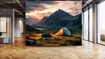 Campsite With A Panoramic Mountain Background, Generative AI Wall mural