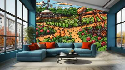 Cartoon cute doodles of a cybernetic farm where robotic drones tend to crops and automated machines harvest fruits and vegetables, Generative AI Wall mural