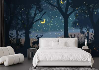 Cartoon cute doodles of a forest silhouette under a starry night sky, with trees casting long shadows and woodland creatures roaming, Generative AI Wall mural