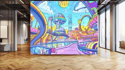 Cartoon cute doodles of a futuristic amusement park featuring gravity-defying rides, holographic shows, and virtual reality experiences, Generative AI Wall mural