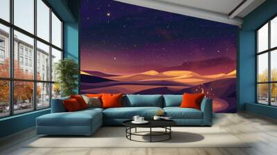 Cartoon cute doodles of a nomad camping under the stars in the desert, with a crackling fire and the silhouette of sand dunes, Generative AI Wall mural