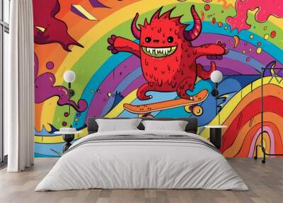 Cartoon cute doodles of a red monster with horns and a tail, riding a skateboard through a rainbow-colored skatepark, Generative AI Wall mural