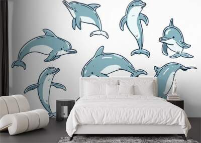 Cartoon cute doodles of a synchronized swimming routine performed by a pod of dolphins, synchronized with graceful movements and synchronized, Generative AI Wall mural