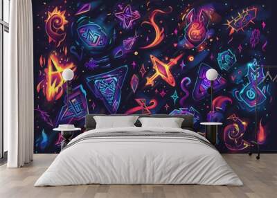 Cartoon cute doodles of ancient runes glowing with mystical energy, with powerful rune elementals channeling their magic to protect and empower,Generative AI Wall mural