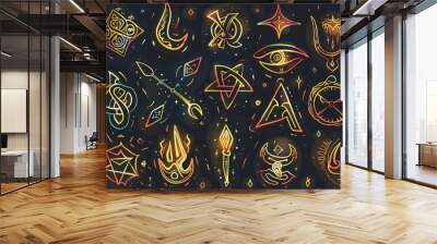 Cartoon cute doodles of ancient runes glowing with mystical energy, with powerful rune elementals channeling their magic to protect and empower,Generative AI Wall mural