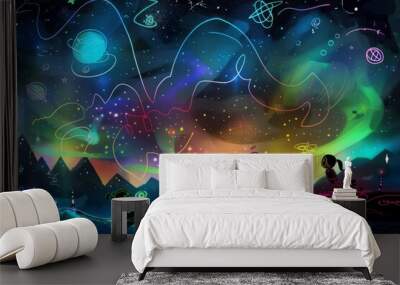 Cartoon cute doodles of characters stargazing under a neon aurora borealis, marveling at the shimmering colors in the sky, Generative AI Wall mural