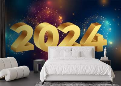 3d style 2024 golden lettering new year celebration banner with ribbon Wall mural