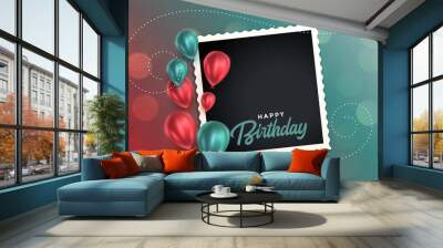 beautiful happy birthday card with balloons and photo frame Wall mural