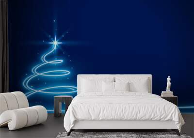 blue background with neon christmas tree design Wall mural