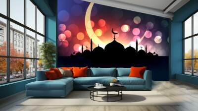 eid al fitar beautiful mosque and moon bokeh greeting Wall mural