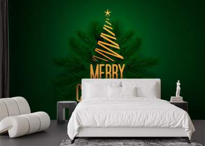 elegant merry christmas tree and leaves green background Wall mural