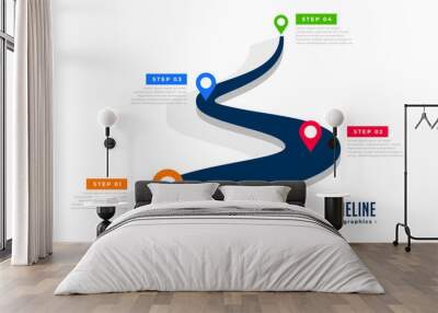 four step road map infographic template with colorful location pointer Wall mural