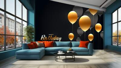 golden and black birthday shiny balloons background Wall mural