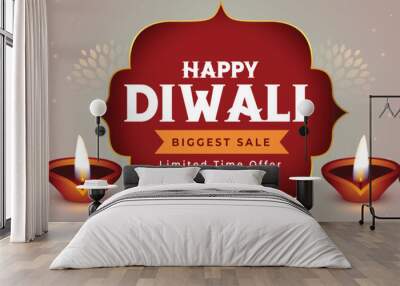 happy diwali biggest sale banner with diya and firework decoration Wall mural