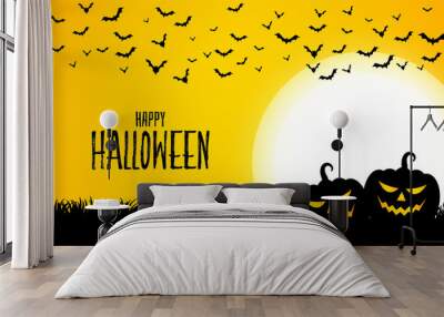 happy halloween yellow background with two pumpkins Wall mural